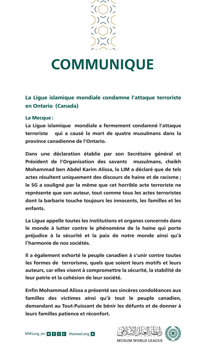 Communiqué de la Ligue Islamique Mondiale :