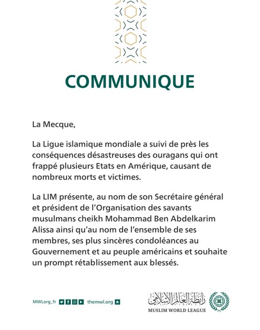 Communiqué de la Ligue Islamique Mondiale :