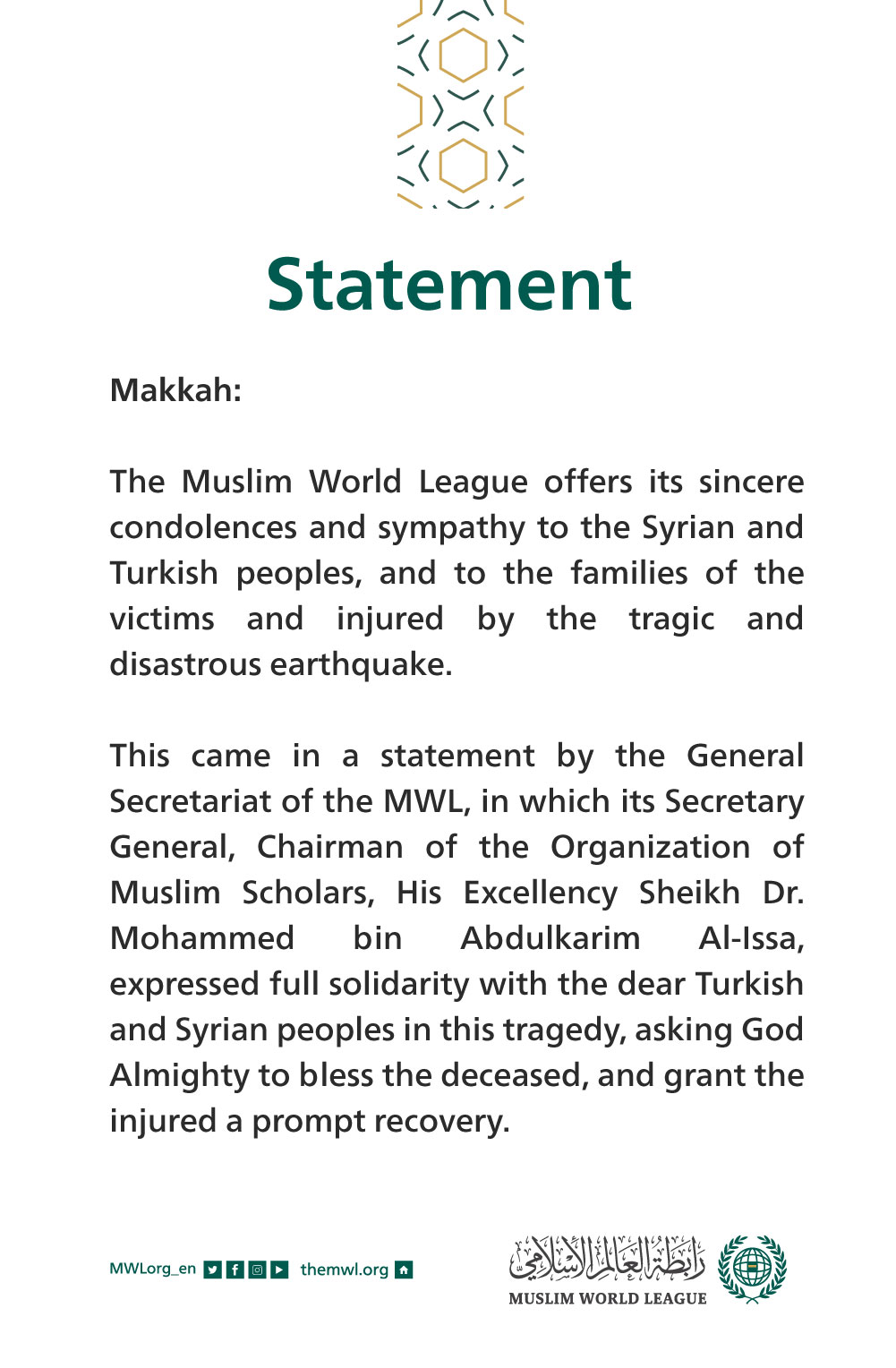 Statement from the Muslim World League