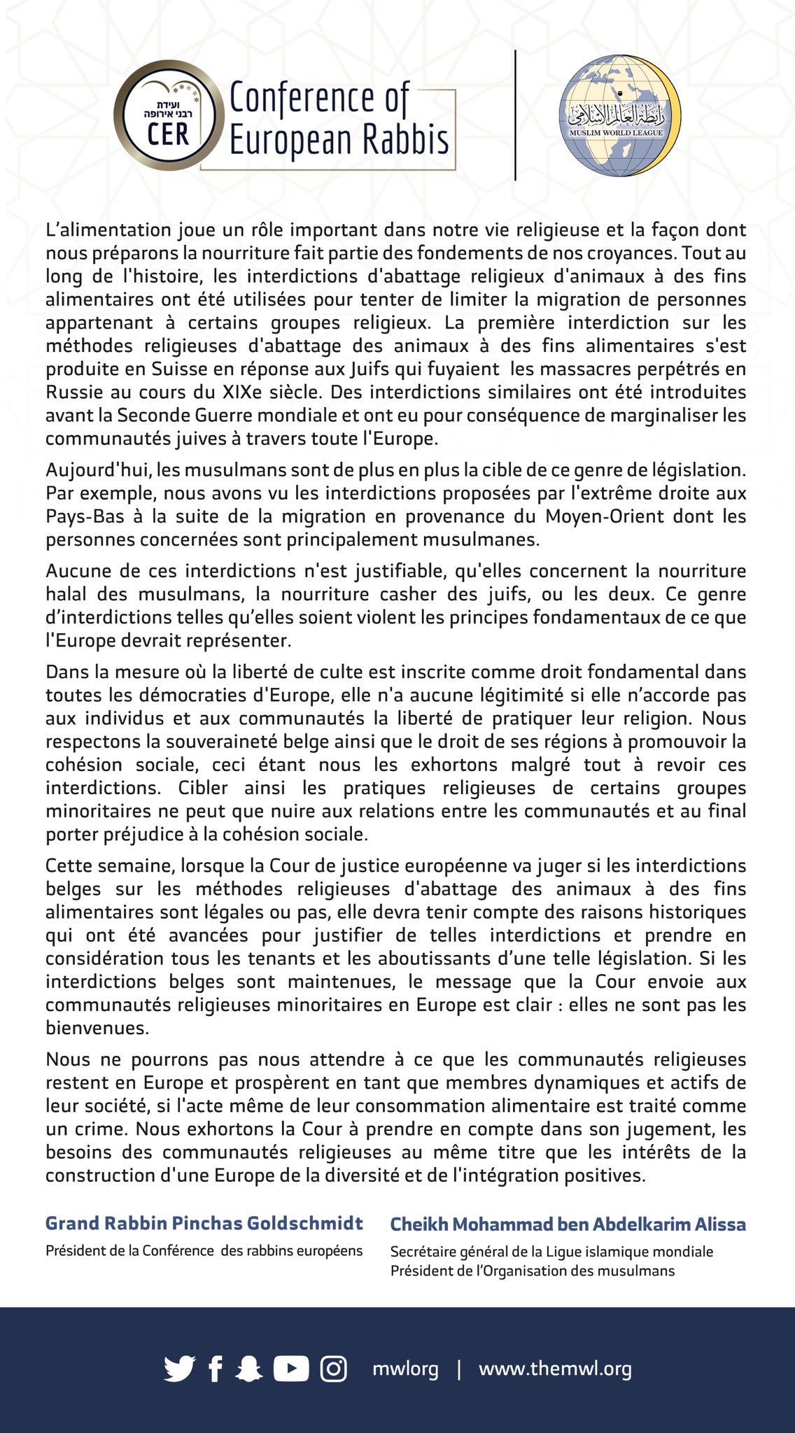 Une déclaration conjointe de la LIM & d’europeanrabbis appelle la Cour de justice de l’UE à prendre en considération les besoins des communautés religieuses et l’importance de construire une Europe de la diversité et de l'inclusion.