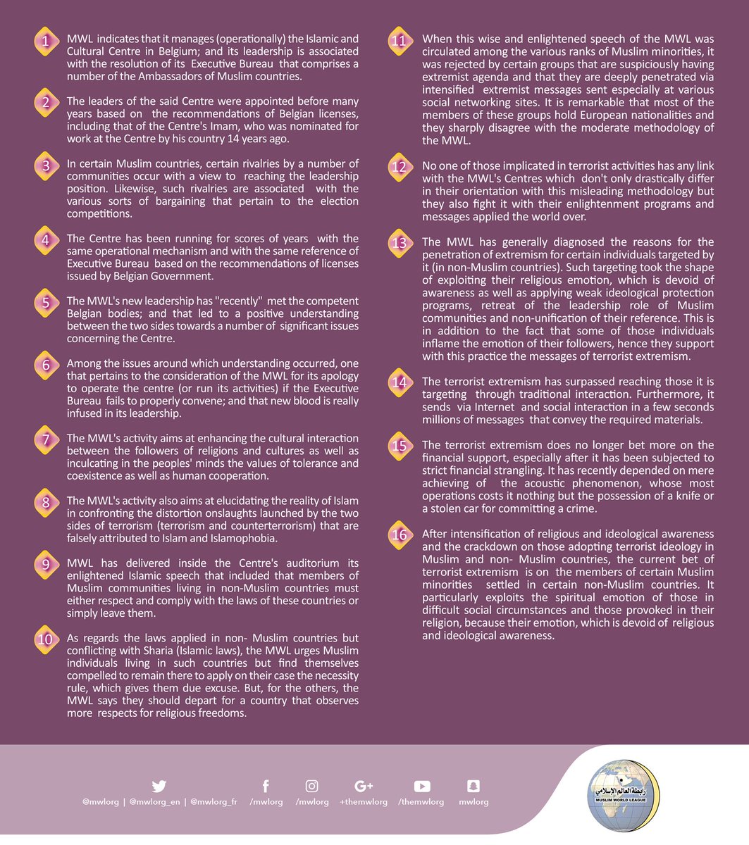 The MWL answers numerous polls on Islamic centers; in particular Brussels Center (the means to face extremism thought & its different bets)