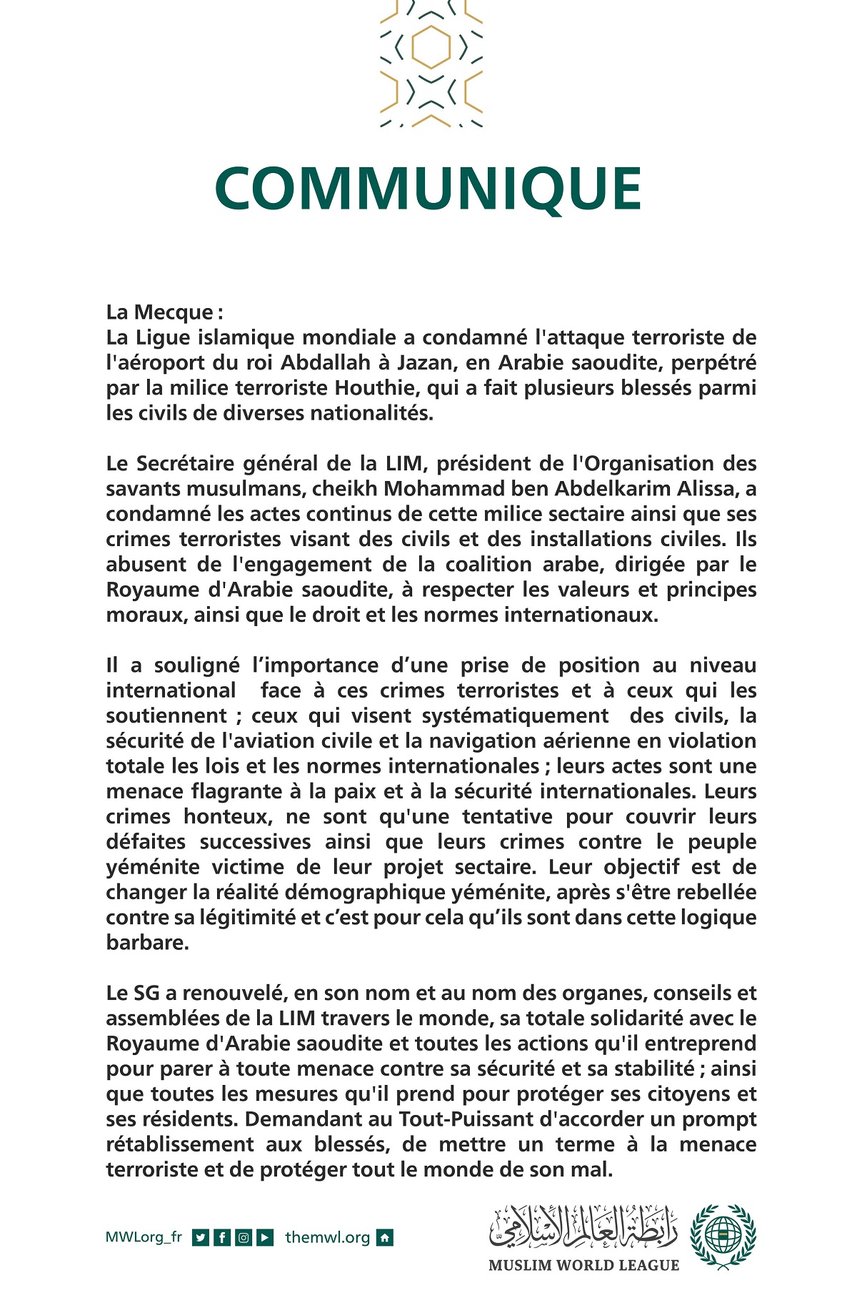 Communiqué de la Ligue Islamique Mondiale