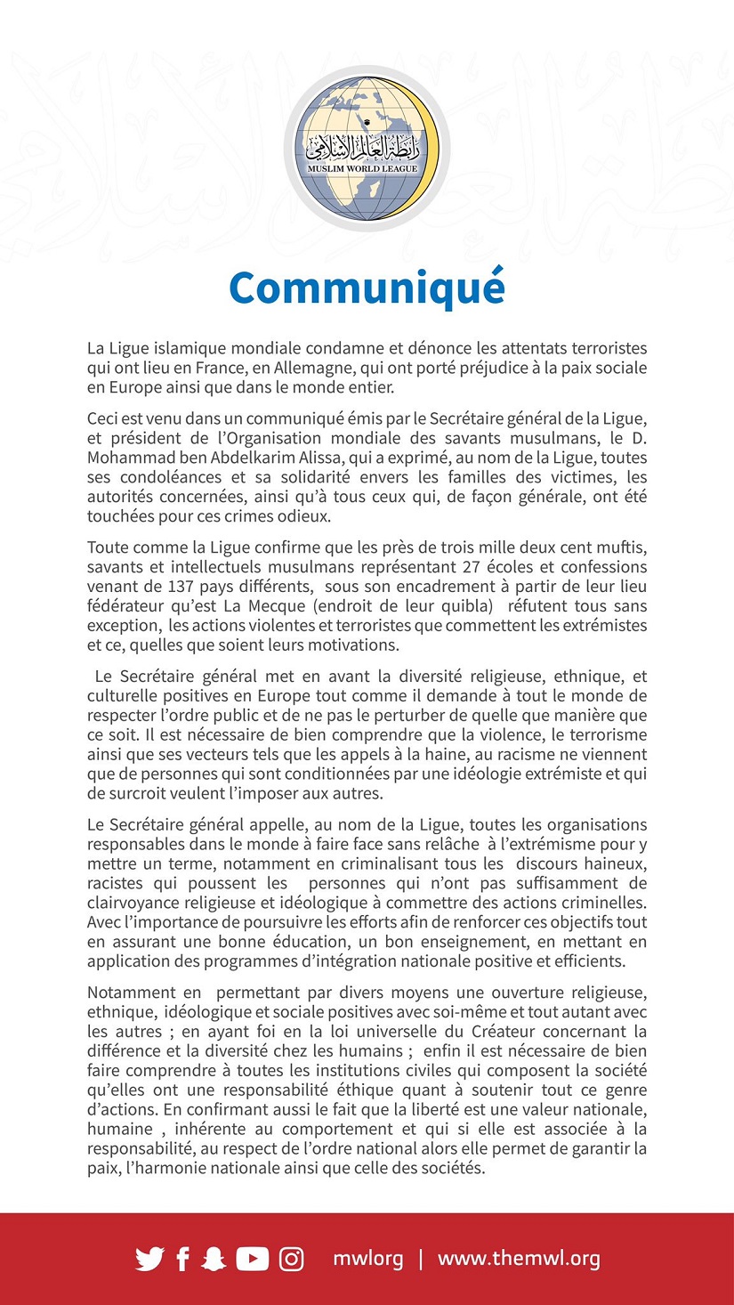 Communiqué de la Ligue Islamique Mondiale