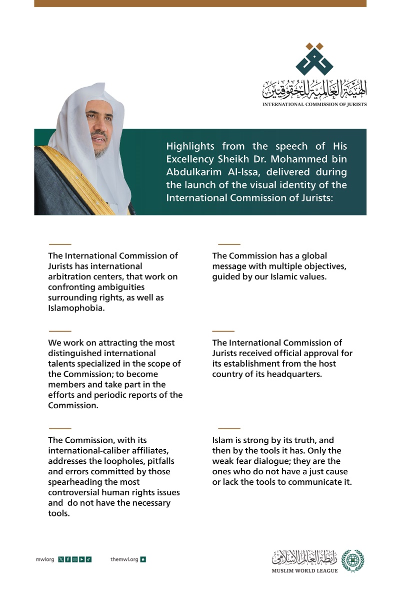 Highlights from the speech of His Excellency Sheikh Dr. Mohammed Alissa, Secretary-General of the MWL and Chairman of the Organization of Muslim Scholars, delivered during the launch of the visual identity of the International Commission of Jurists: