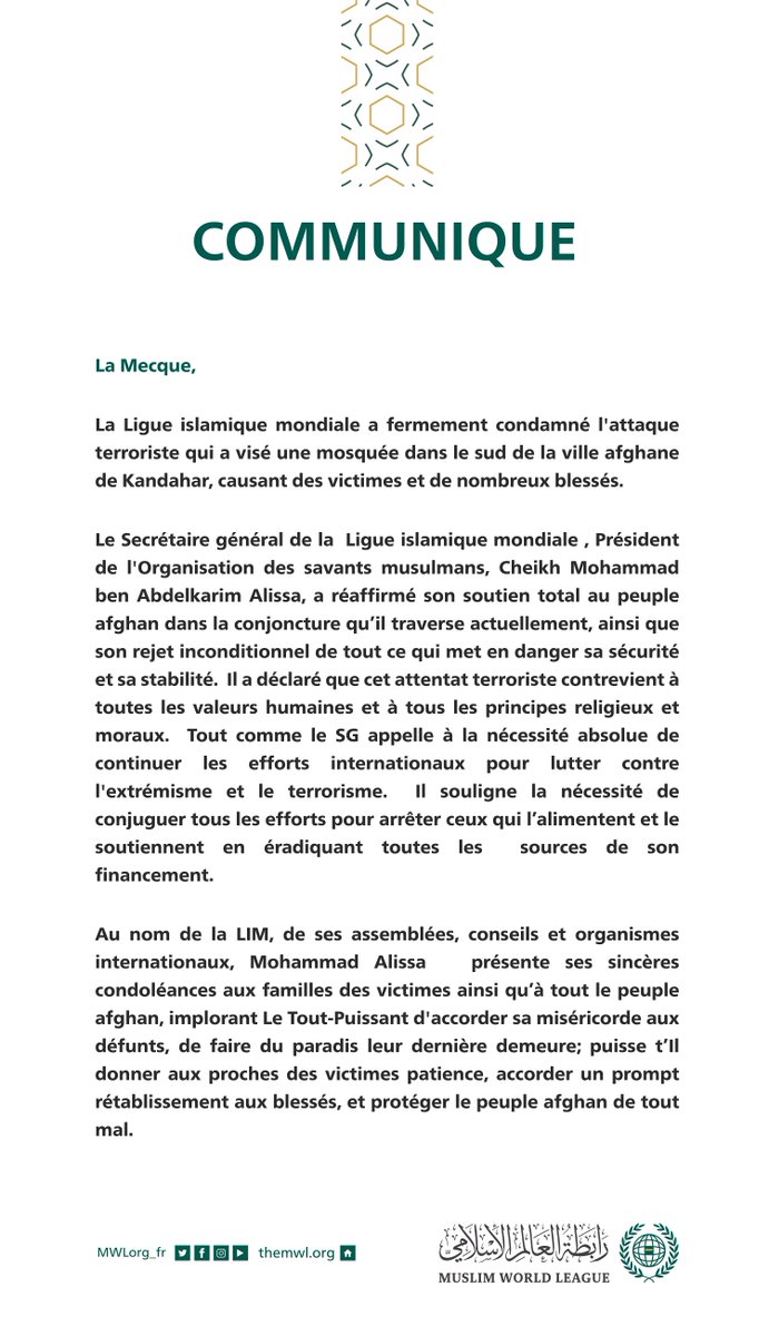 Communiqué de la Ligue Islamique Mondiale :