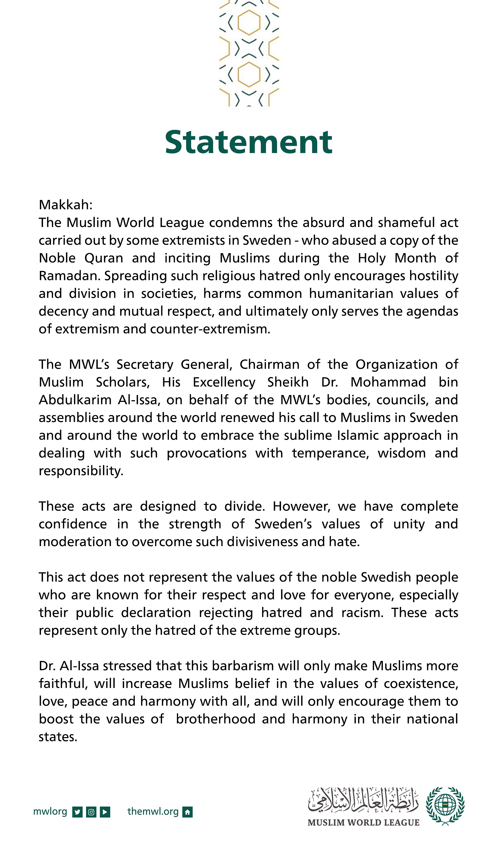 Statement from the Muslim World League: