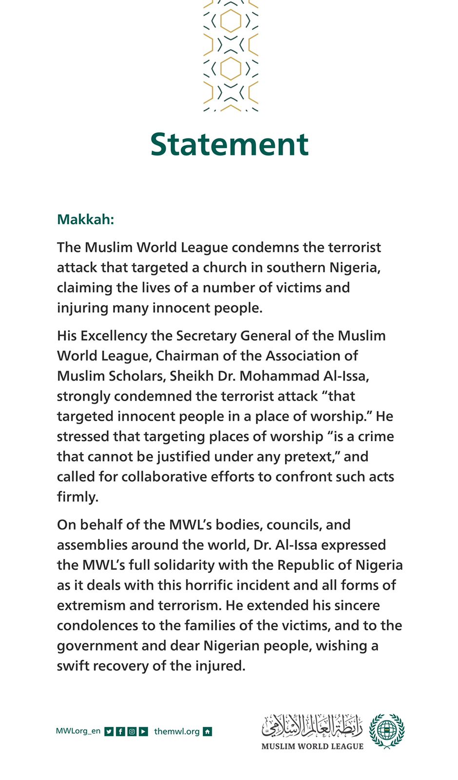 Statement from the Muslim World League: