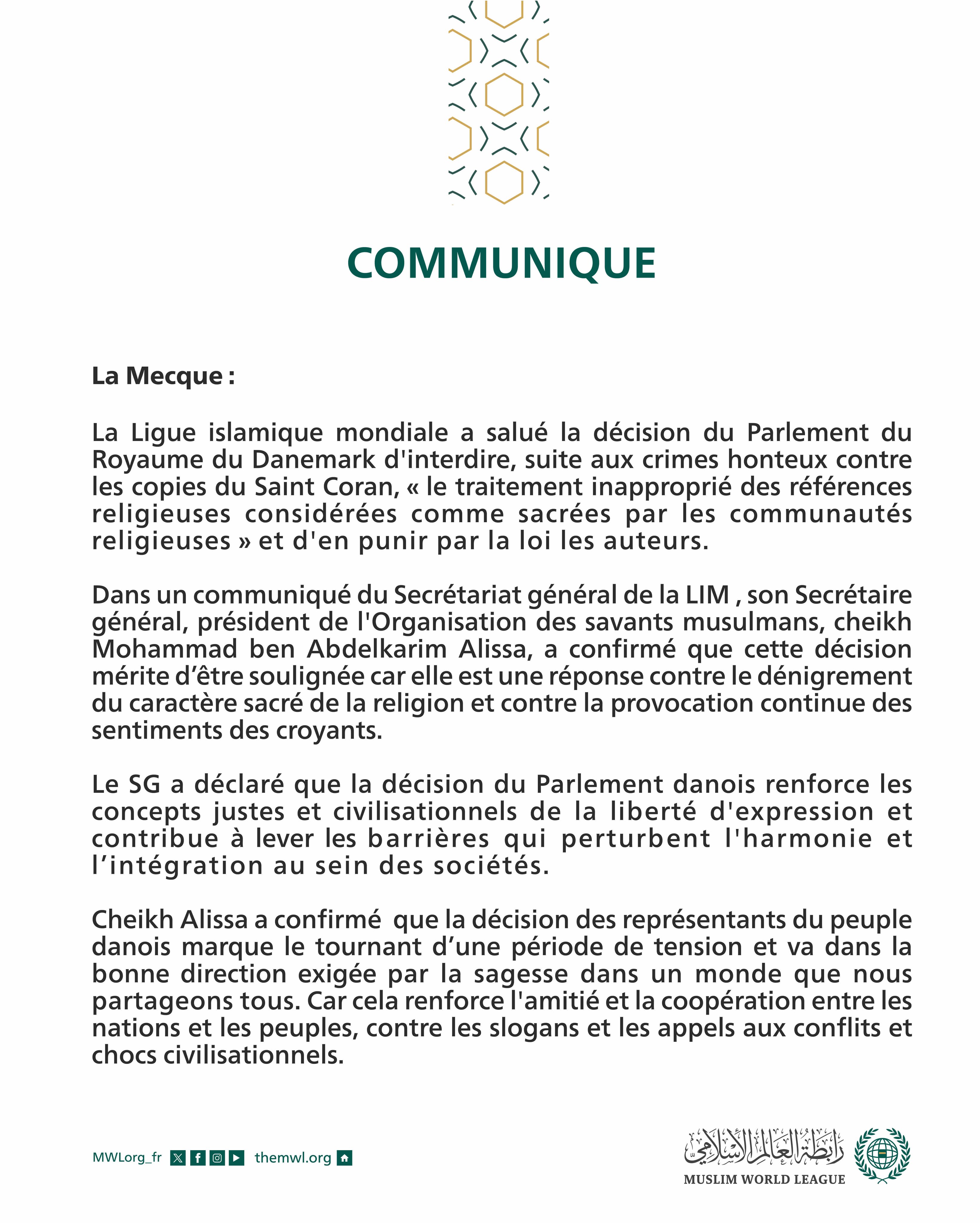 Communiqué de la Ligueislamiquemondiale :