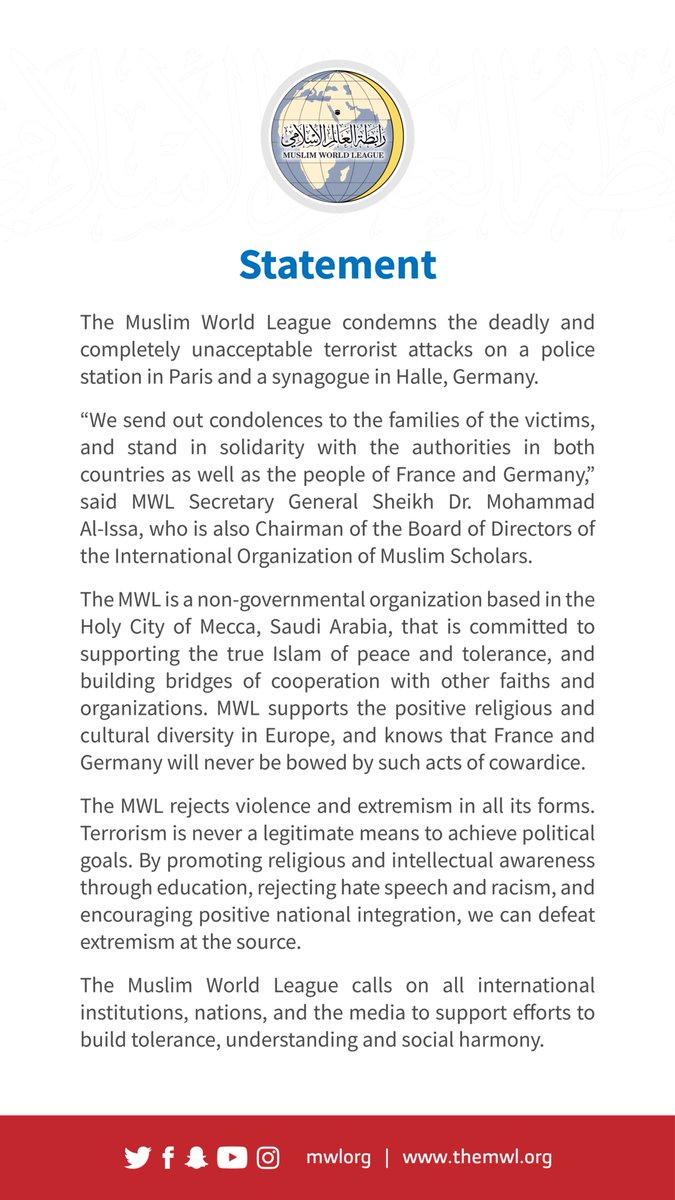  HE Dr. Mohammad Alissa condemns the recent attacks on a police station in Paris & a synagogue in Halle, Germany