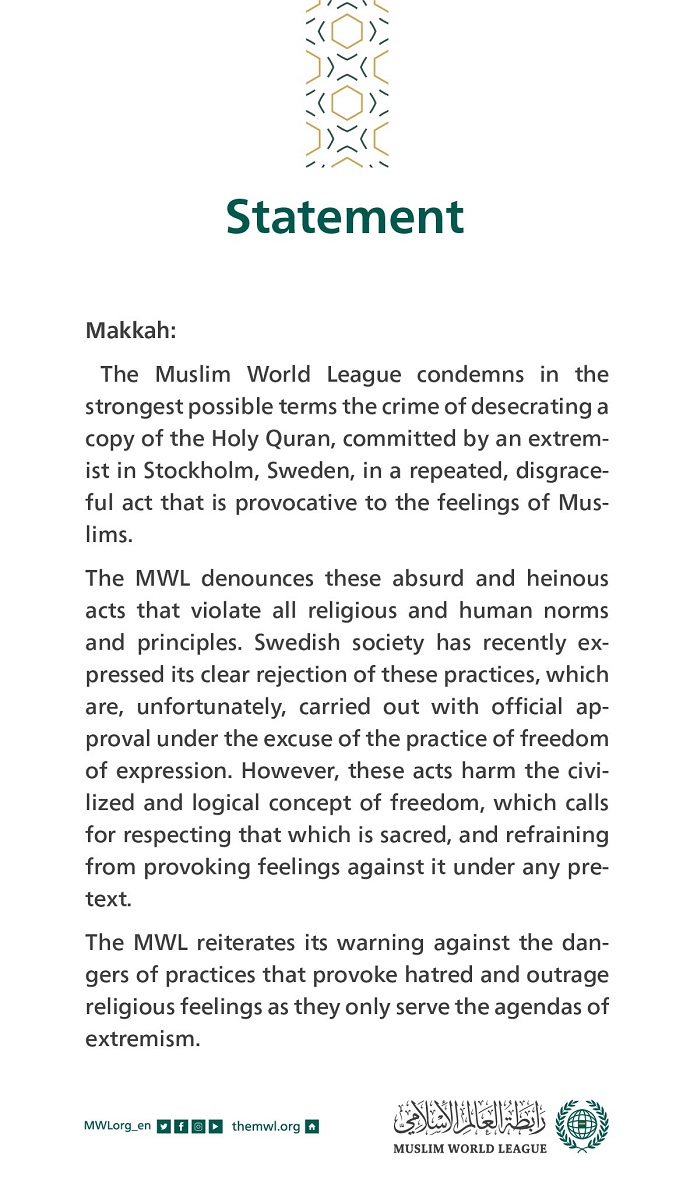 Statement from the Muslim World League: