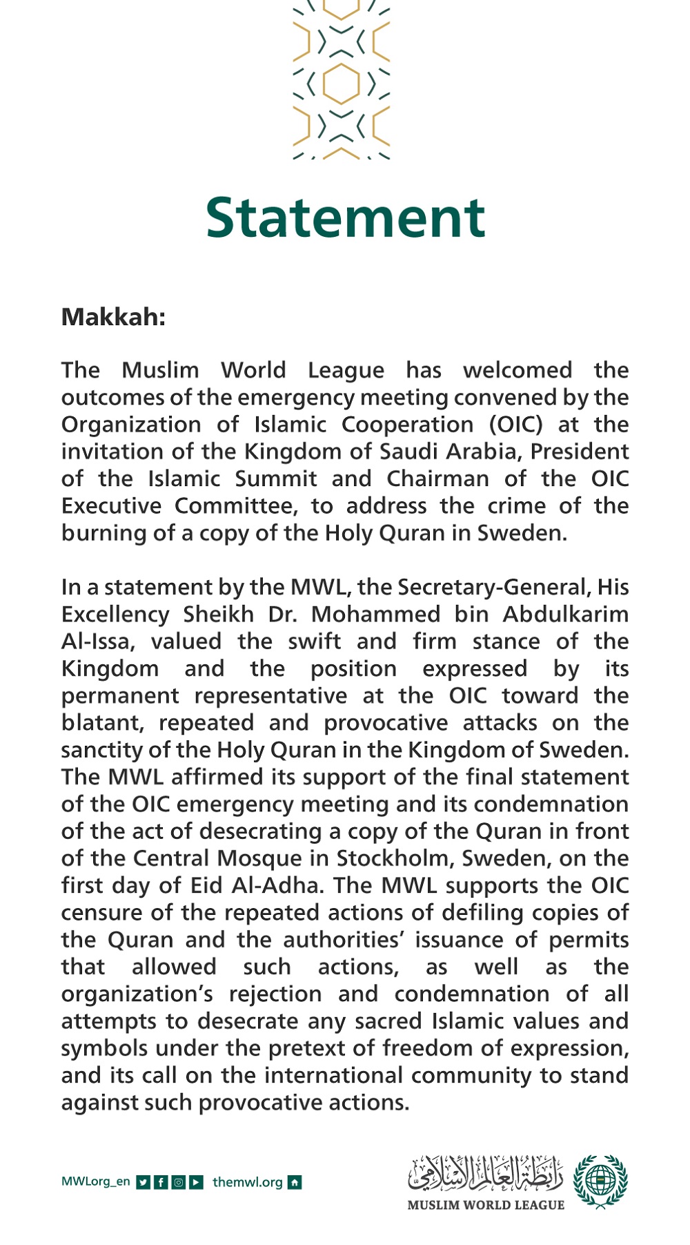 Statement from the Muslim World League: