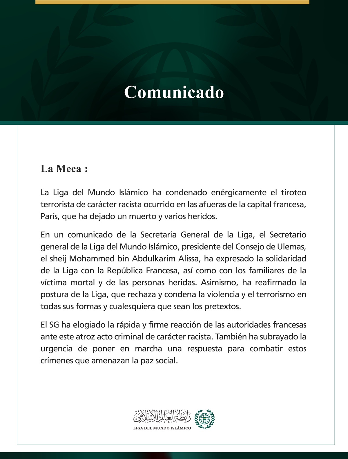 La Liga del Mundo Islámico condena el atentado terrorista de carácter racista perpetrado al suroeste de París