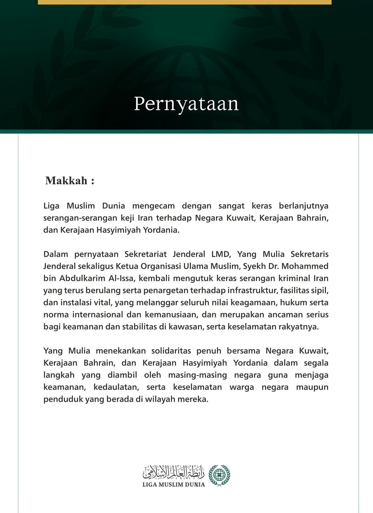 Liga Muslim Dunia Mengecam Berlanjutnya Agresi Keji Iran terhadap Kuwait, Bahrain, dan Yordania