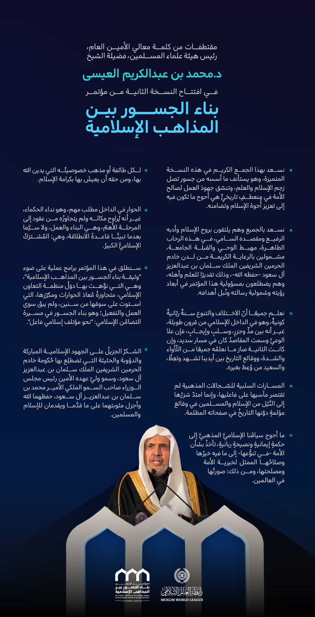 مقتطفاتٌ من كلمة معالي الأمين العام، رئيس هيئة علماء المسلمين، فضيلة الشيخ د. ⁧‫ محمد العيسى‬⁩‬⁩ في افتتاح النسخة الثانية من مؤتمر ⁧‫بناء الجسور بين المذاهب‬⁩ الإسلامية