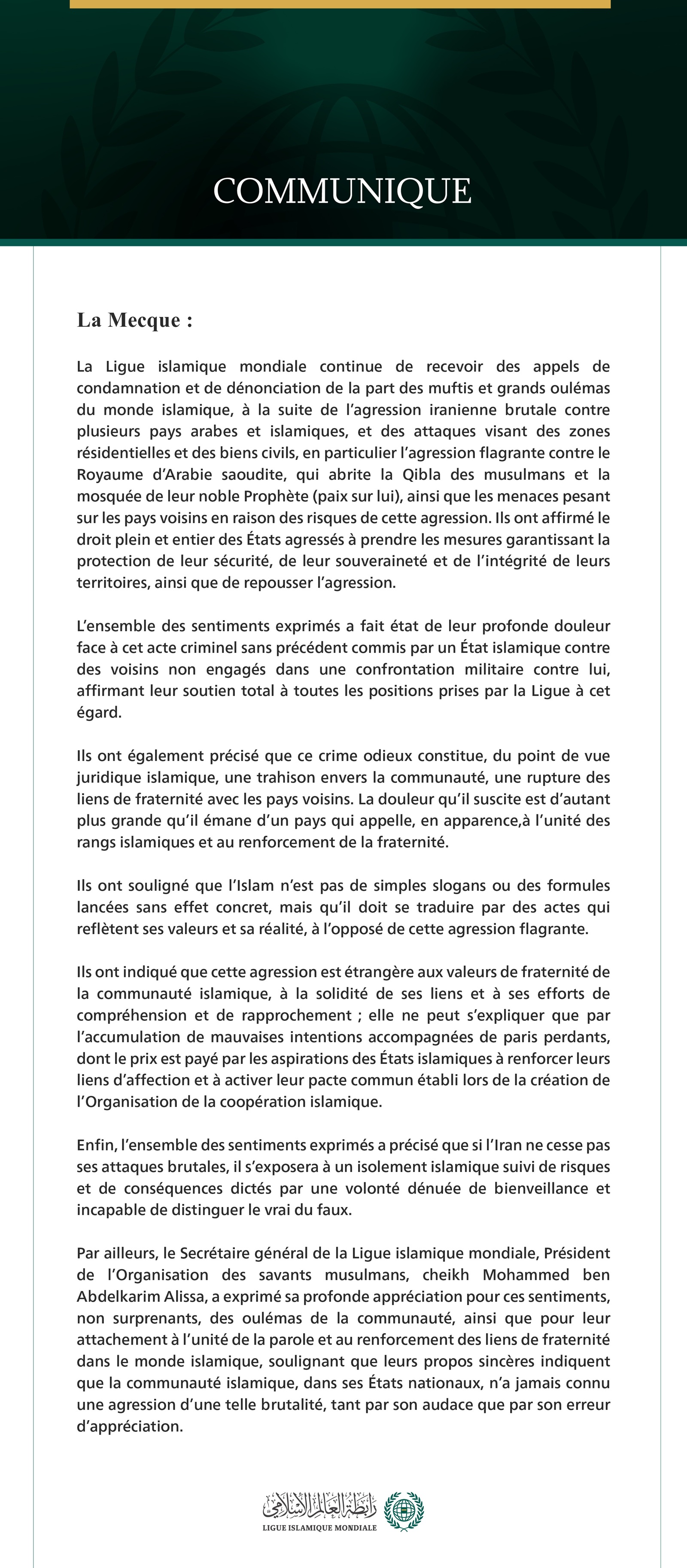 La Ligue reçoit un certain nombre d’appels de condamnation et de dénonciation concernant l’agression iranienne contre plusieurs pays du Golfe, arabes et islamiques.