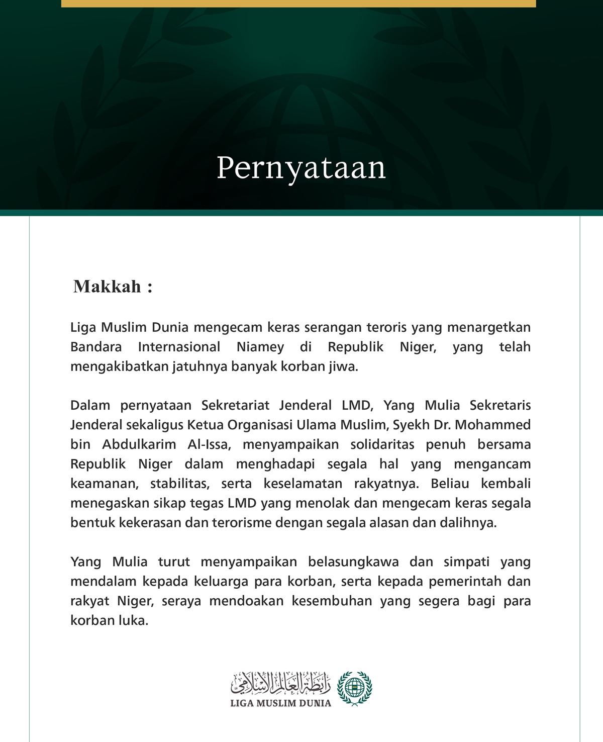Liga Muslim Dunia Kecam Serangan Teroris yang Menargetkan Bandara Internasional Niamey