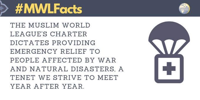 The MWL charter dictates providing emergency relief to people affected by both war and natural disasters