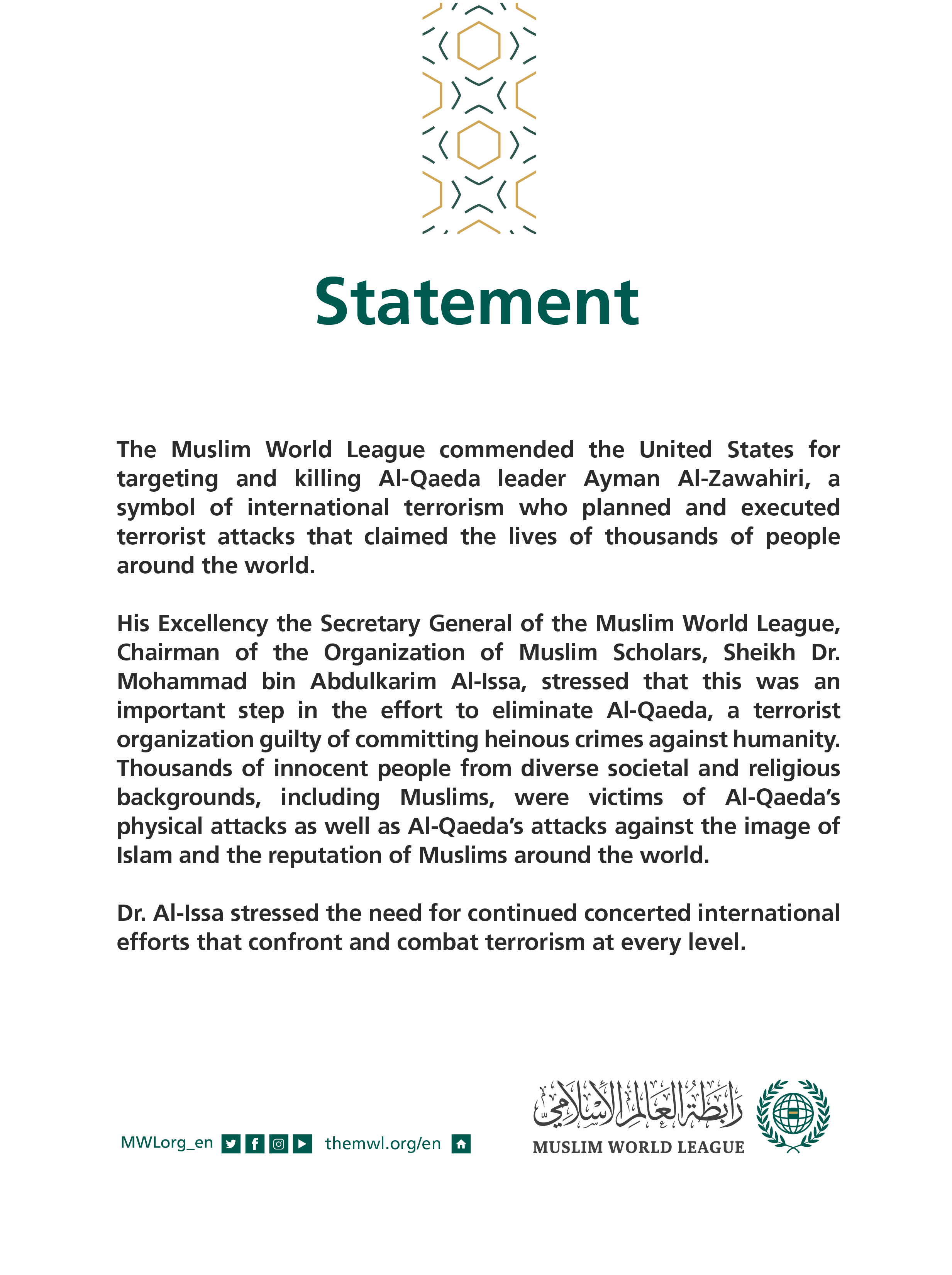 MWL commends US for targeting, killing Al-Qaeda leader Ayman Al-Zawahiri