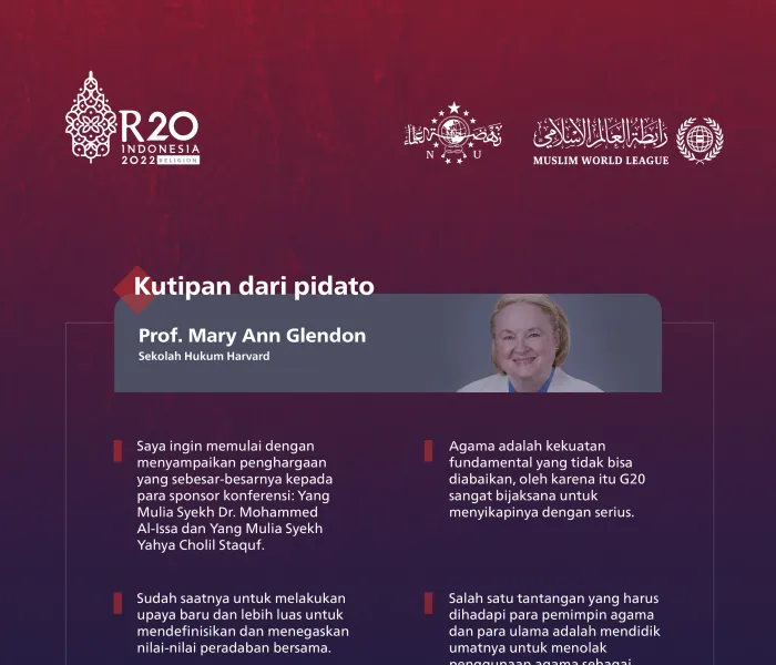Dalam partisipasi universitas-universitas besar Amerika di R20: Poin-poin paling menonjol yang disampaikan oleh Prof. Mary Ann Glendon dari Sekolah Hukum Harvard, selama berpartisipasi dalam KTTR20 di Bali: