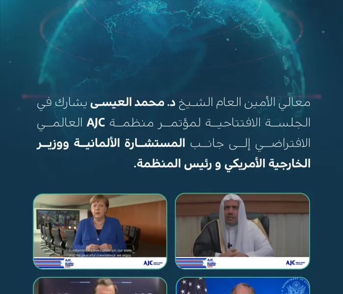 الشيخ د. ⁧‫محمد العيسى‬⁩ يشارك في الجلسة الافتتاحية لمؤتمر  AJC إلى جانب المستشارة الألمانية ووزير الخارجية الأمريكي.