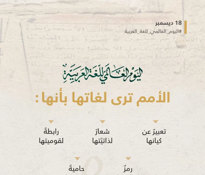 ‏في ⁧‫اليوم العالمي للغة العربية‬⁩:  ‏نحتفي بلغتنا العربية؛ عقيدةً، وهويةً، وجسرًا حضاريًّا.