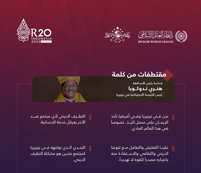 أبرز النقاط التي تطرّق إليها قداسة رئيس الأساقفة رئيس الكنيسة الإنجليكانية في نيجيريا، هنري ندوكوبا، خلال أعمال القمة الدينية لمجموعة العشرين في بالي: