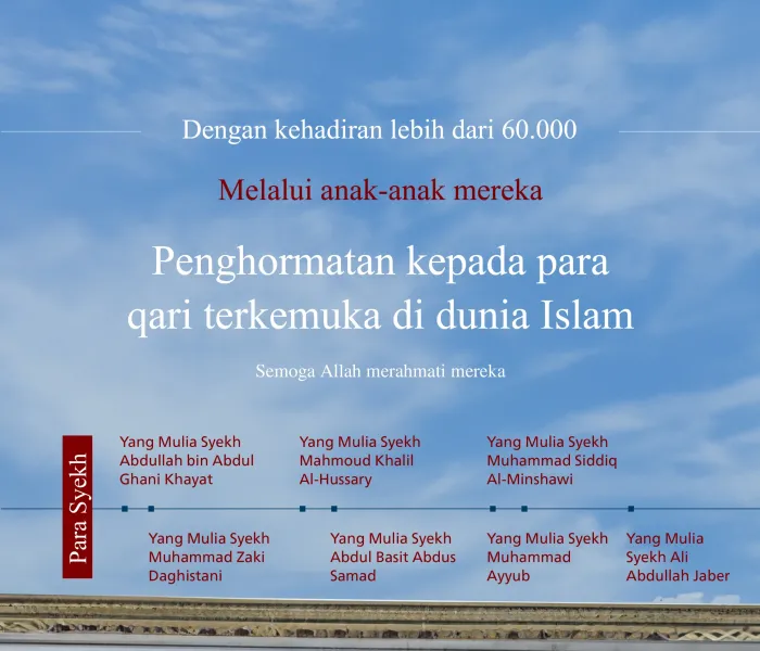 Penghormatan dan penghargaan kepada para qari terkemuka dunia Islam (semoga Allah merahmati mereka).. Penghormatan dari Liga Muslim Dunia atas rekam jejak Al-Qur'an mereka yang harum
