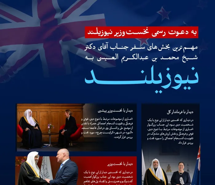 به دعوت رسمی نخست‌وزیر: در اینجا مهم‌ترین بخش‌های سفر جناب دبیرکل، رئیس انجمن علمای مسلمان، جناب آقای دکتر شیخ محمد العيسی   به نیوزیلند آمده است: