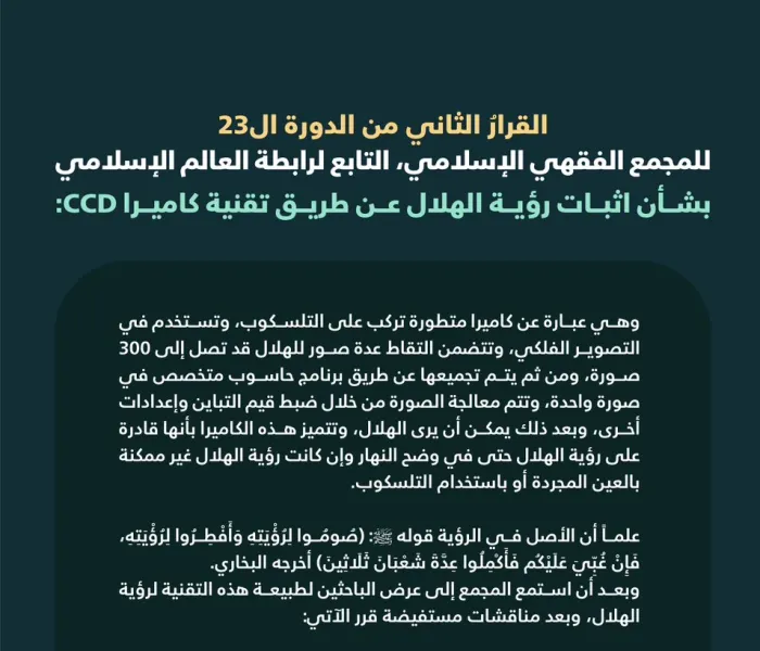 ‏“رؤية الهلال عبر التقنية” ‏القرار الثاني من الدورة الـ٢٣ للمجمع الفقهي الإسلامي التابع لرابطة العالم الإسلامي، بشأن إثبات رؤية الهلال باستخدام تقنية كاميرا CCD: