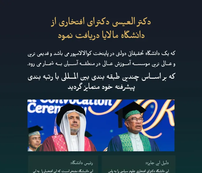 ”دانشگاه مالایا” معروف ترین دانشگاه دولتی اسیان که دارای بالاترین رتبه دانشگاهی در آسیان است ، در راستای تلاش های برجسته جناب آقای دکتر‌ شیخ محمد العیسی در زمینه دیپلماسی اسلامی در سراسر جهان، به وی دکترای افتخاری علوم سیاسی اعطا نمود