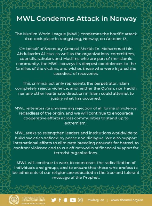 Statement from the Muslim World League on the latest attack in Norway