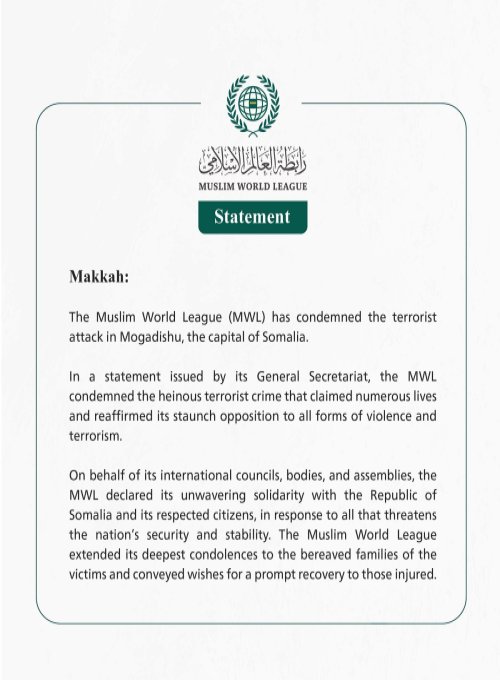 The Muslim World League (MWL) has condemned the terrorist attack in Mogadishu, the capital of Somalia