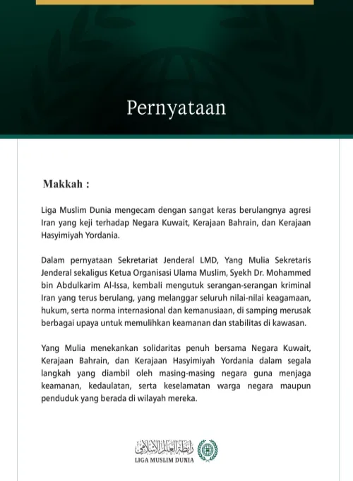 Liga Muslim Dunia Mengecam Berulangnya Agresi Iran yang Keji terhadap Kuwait, Bahrain, dan Yordania