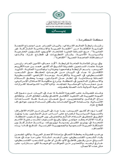 رابطةُ العالم الإسلامي تُرحِّب بمخرجات اجتماع اللجنة الوزارية المكلّفة من "القمة العربية والإسلامية المشتركة غير العادية" مع الممثلة العليا للاتحاد الأوروبي للشؤون الخارجية والسياسة الأمنية بشأن التطورات في قطاع غزّة