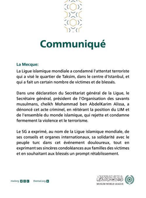 Communiqué de la Ligue Islamique Mondiale :