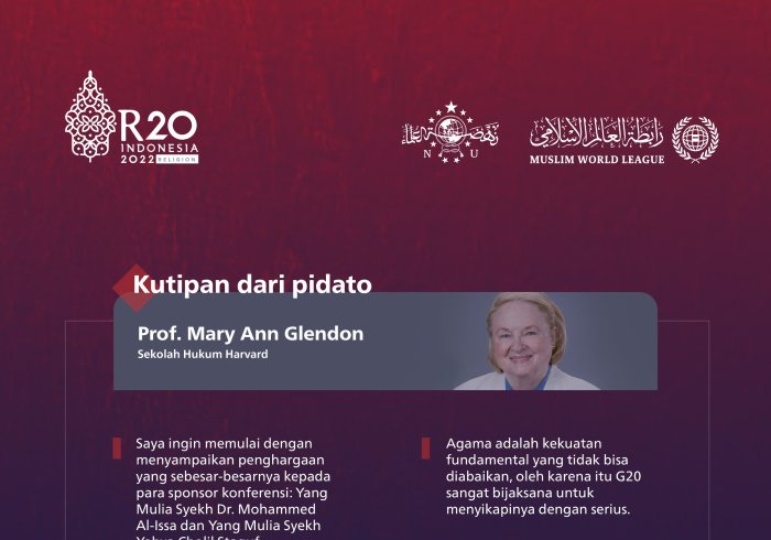 Dalam partisipasi universitas-universitas besar Amerika di R20: Poin-poin paling menonjol yang disampaikan oleh Prof. Mary Ann Glendon dari Sekolah Hukum Harvard, selama berpartisipasi dalam KTTR20 di Bali: