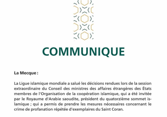 Communiqué de la Ligue Islamique Mondiale