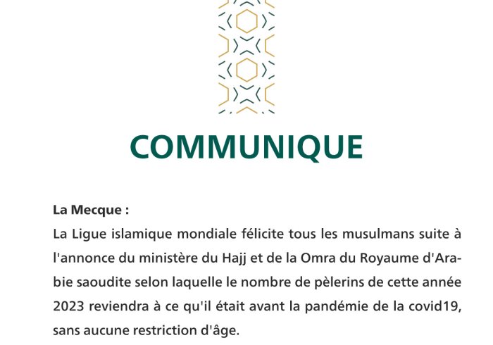 Communiqué de la LigueI slamique Mondiale :