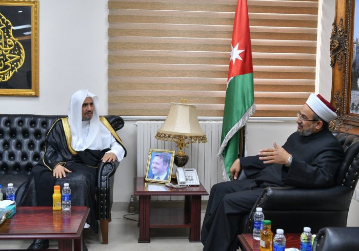 His Excellency the Minister of Endowment & Islamic Affairs & Holy Sanctuaries of the Hashemite Kingdom of Jordan, Sheikh Dr. Abdunnasser Abul Basal receives at his officr at the Ministry HE the Muslim World League's SG.  