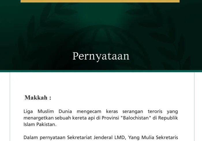 Liga Muslim Dunia Kecam Serangan Teroris terhadap Kereta Api di Provinsi "Balochistan" di Republik Islam Pakistan