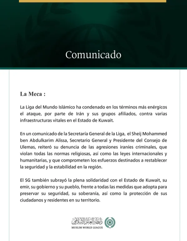 La Liga del Mundo Islámico condena la agresión criminal iraní contra varias infraestructuras vitales en el Estado de Kuwait