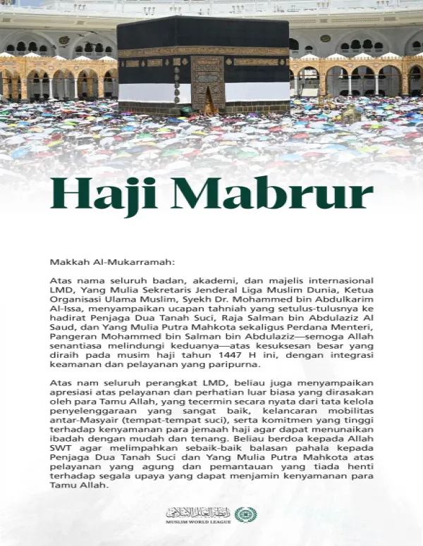 Ucapan selamat dari Liga Muslim Dunia atas kesuksesan ibadah haji tahun 1447 H: