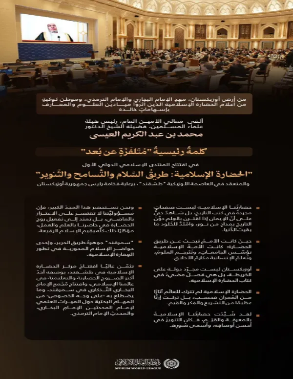 ‏مقتطفاتٌ من الكلمة الرئيسية "المُتَلفَزَة عن بُعد"، لمعالي الأمين العام، رئيس هيئة علماء المسلمين، فضيلة الشيخ د.⁧‫محمد العيسى‬⁩ ‬⁩، في افتتاح المنتدى الإسلامي الدولي الأول "الحضارة الإسلامية: طريق السَّلام والتَّسامح والتَّنوير"