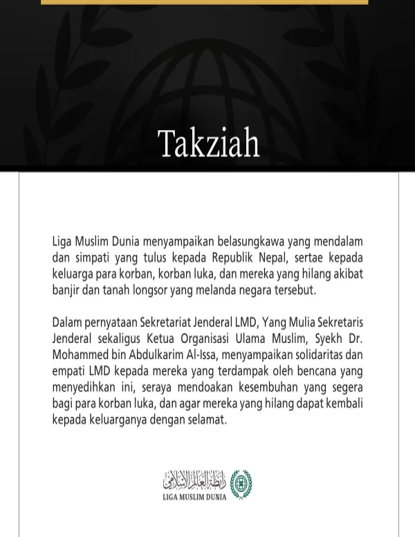 Liga Muslim Dunia Menyampaikan Belasungkawa kepada Nepal atas Korban Banjir dan Tanah Longsor