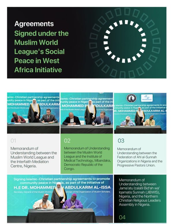 H.E. Sheikh Dr. Mohammed Al-Issa , Secretary-General, witnessed the signing of a number of agreements between Islamic and Christian leaders in Nigeria to promote civil peace and strengthen social cohesion