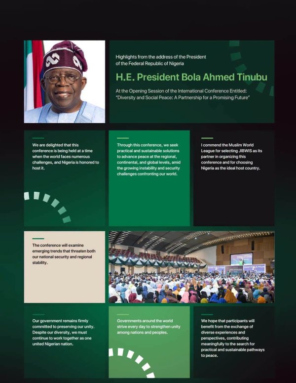Highlights from the address of H.E. President Bola Ahmed Tinubu, President of the Federal Republic of Nigeria, during the launch of the Muslim World League's Social Peace Initiative in West Africa, held under his patronage