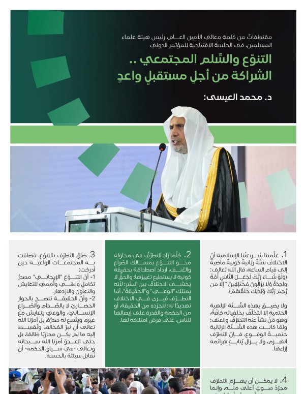 مقتطفات من كلمة معالي الأمين العام، رئيس هيئة علماء المسلمين، الشيخ د. ⁧‫محمد العيسى‬⁩ ‬⁩، خلال انطلاق مبادرةِ الرابطة للسِّلم المجتمعيّ في غرب أفريقيا، بالعاصمة النيجيرية “أبوجا”