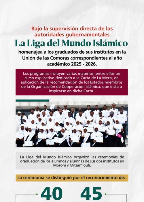 Descubra la ceremonia organizada por la Liga del Mundo Islámico en honor de los graduados de sus institutos en las Comoras, así como su presencia educativa en todo el país, acogida y supervisada directamente por el gobierno.