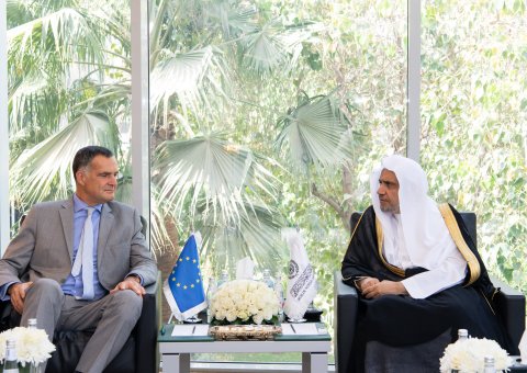 At his office in Riyadh, His Excellency Sheikh Dr. Mohammed Al-Issa, the Secretary-General of the MWL and Chairman of the Organization of Muslim Scholars, meets with His Excellency Mr. Christophe Farnaud