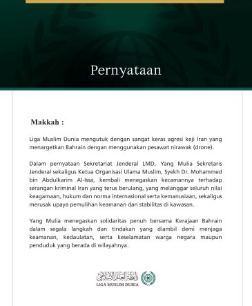 Liga Muslim Dunia Kecam Agresi Keji Iran terhadap Tanah Bahrain